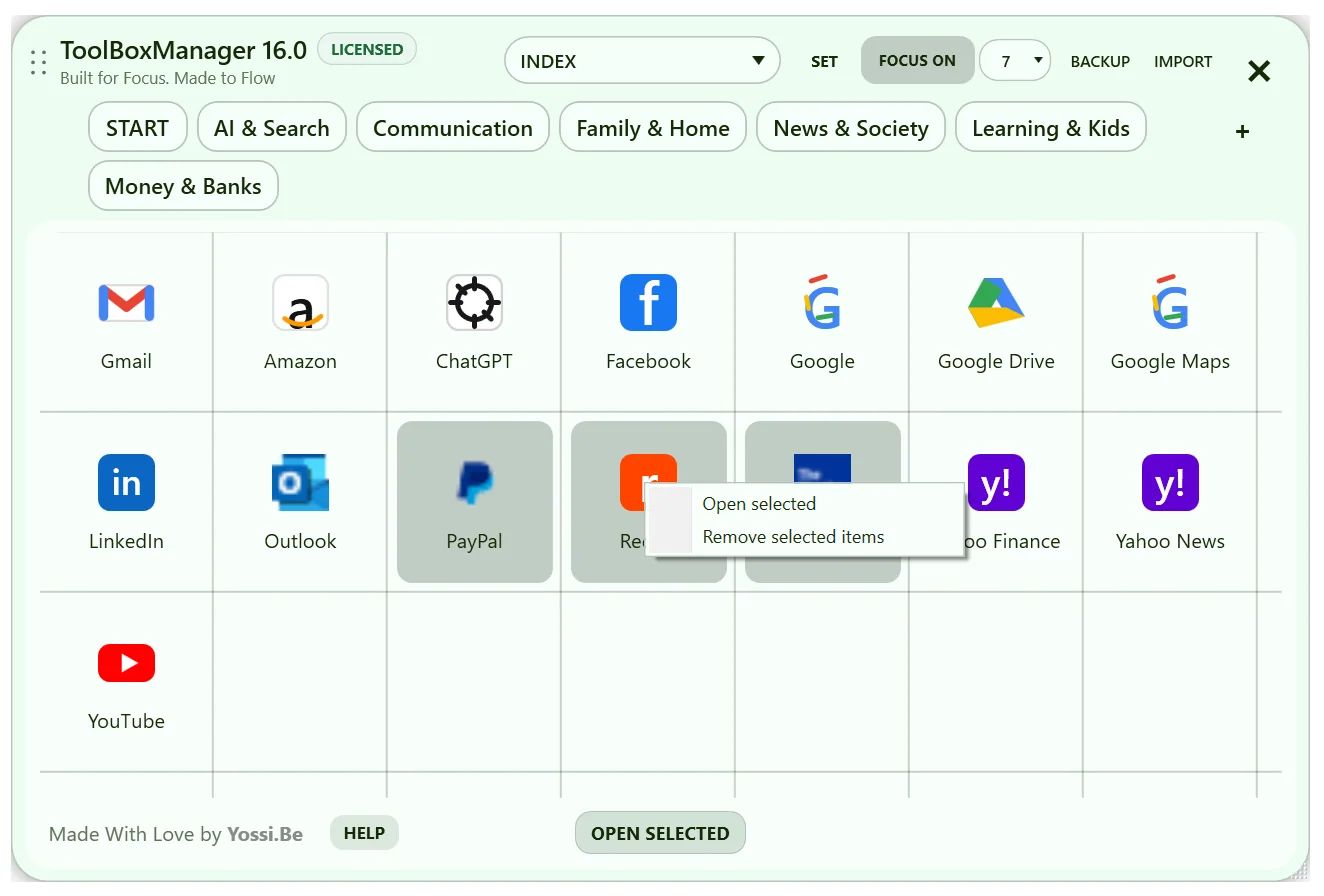 ToolBoxManager V16 screen related to Launch several saved resources together